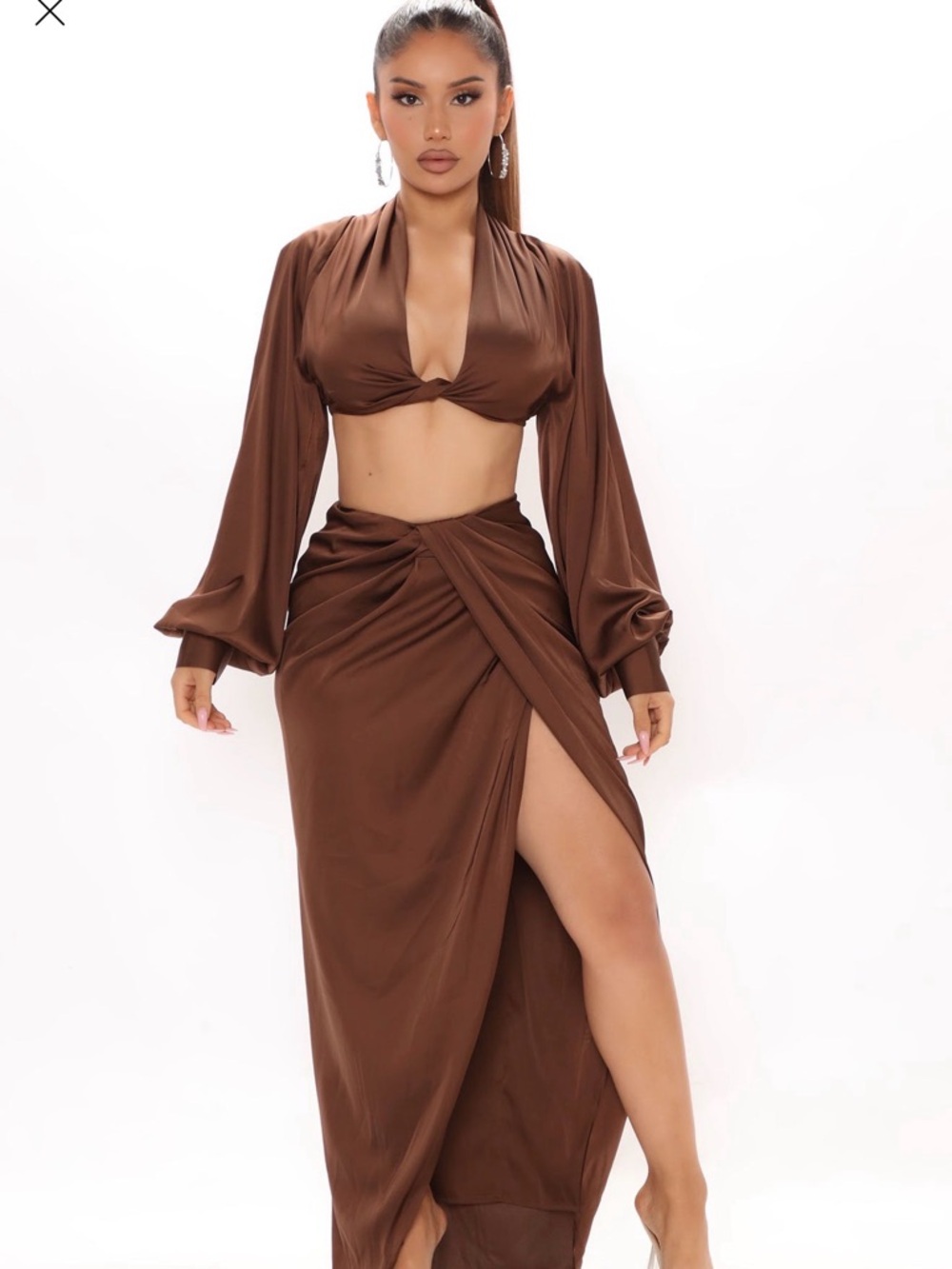 Fashion Nova - Love Again Satin Brown Twist Front Maxi Skirt with Slit